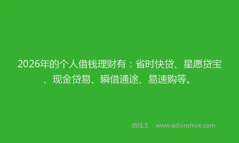 2026年的个人借钱理财有：省时快贷、星愿贷宝、现金贷易、瞬借通途、易速购等。
