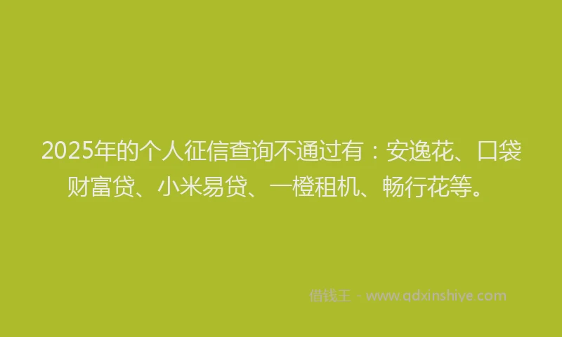 2025年的个人征信查询不通过有：安逸花、口袋财富贷、小米易贷、一橙租机、畅行花等。