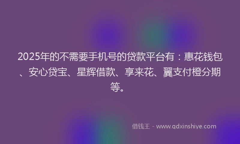 2025年的不需要手机号的贷款平台有：惠花钱包、安心贷宝、星辉借款、享来花、翼支付橙分期等。