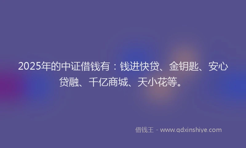 2025年的中证借钱有：钱进快贷、金钥匙、安心贷融、千亿商城、天小花等。