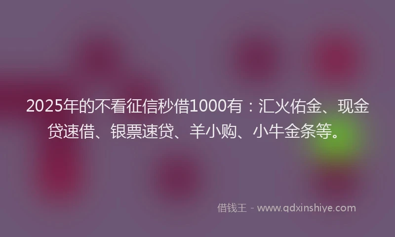 2025年的不看征信秒借1000有：汇火佑金、现金贷速借、银票速贷、羊小购、小牛金条等。