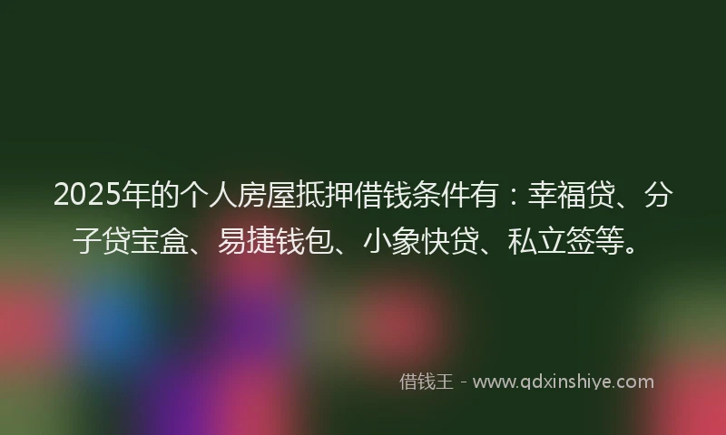 2025年的个人房屋抵押借钱条件有:幸福贷、分子贷宝盒、易捷钱包、小象快贷、私立签等。
