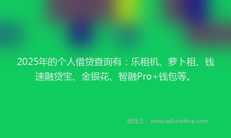 2025年的个人借贷查询有:乐租机、萝卜租、钱速融贷宝、金银花、智融Pro+钱包等。