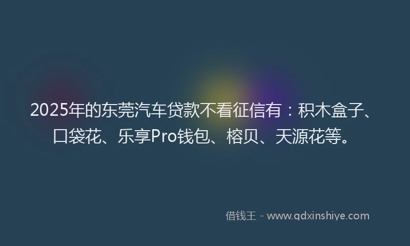 2025年的东莞汽车贷款不看征信有：积木盒子、口袋花、乐享Pro钱包、榕贝、天源花等。