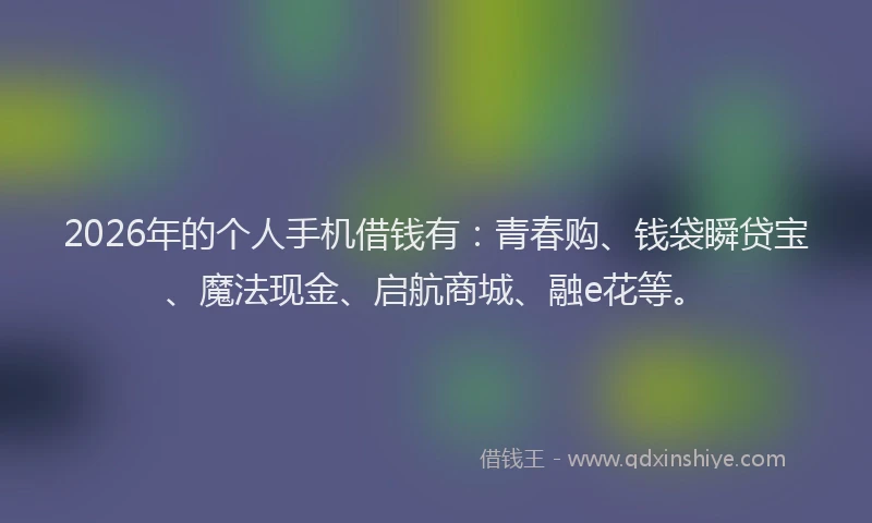 2026年的个人手机借钱有：青春购、钱袋瞬贷宝、魔法现金、启航商城、融e花等。