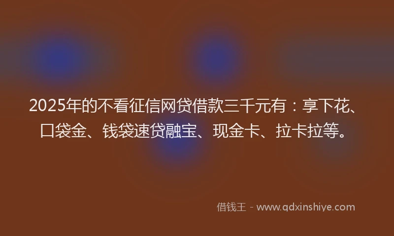 2025年的不看征信网贷借款三千元有：享下花、口袋金、钱袋速贷融宝、现金卡、拉卡拉等。