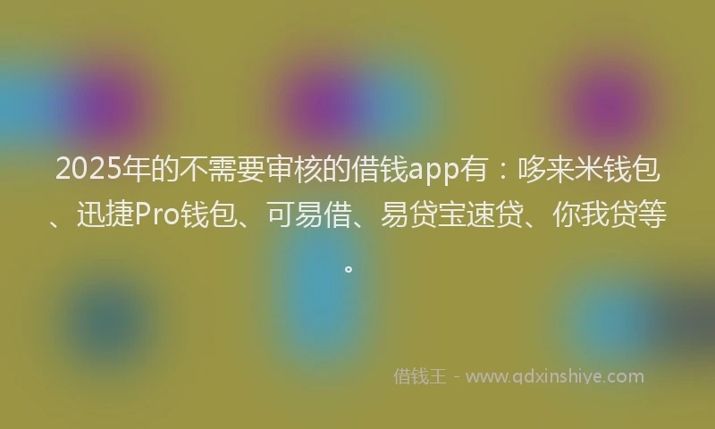 2025年的不需要审核的借钱app有:哆来米钱包、迅捷Pro钱包、可易借、易贷宝速贷、你我贷等。