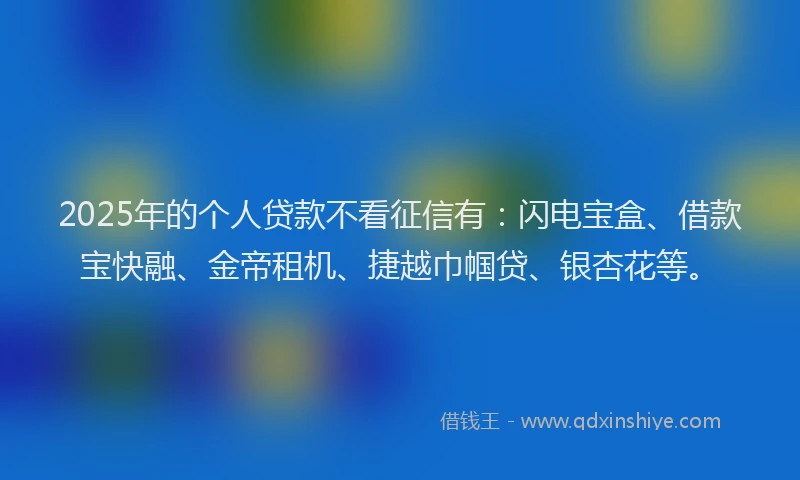 2025年的个人贷款不看征信有：闪电宝盒、借款宝快融、金帝租机、捷越巾帼贷、银杏花等。