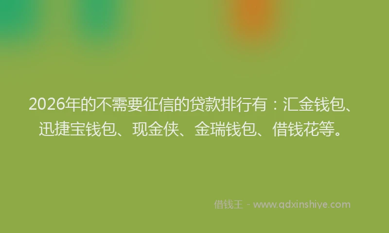 2026年的不需要征信的贷款排行有：汇金钱包、迅捷宝钱包、现金侠、金瑞钱包、借钱花等。