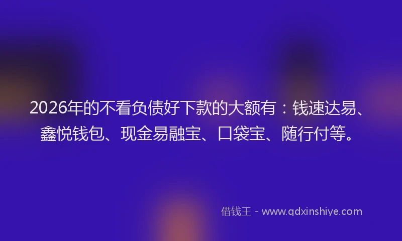 2026年的不看负债好下款的大额有：钱速达易、鑫悦钱包、现金易融宝、口袋宝、随行付等。