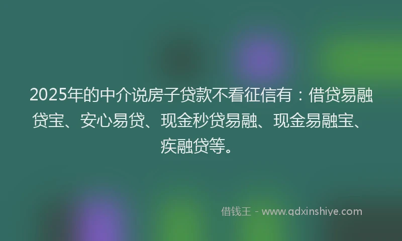 2025年的中介说房子贷款不看征信有:借贷易融贷宝、安心易贷、现金秒贷易融、现金易融宝、疾融贷等。