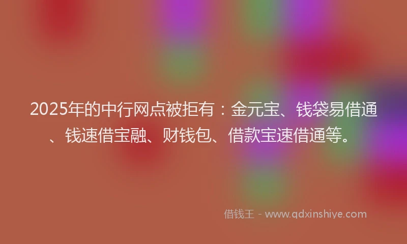 2025年的中行网点被拒有：金元宝、钱袋易借通、钱速借宝融、财钱包、借款宝速借通等。