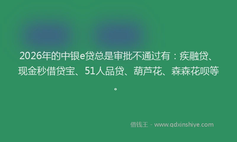 2026年的中银e贷总是审批不通过有:疾融贷、现金秒借贷宝、51人品贷、葫芦花、森森花呗等。