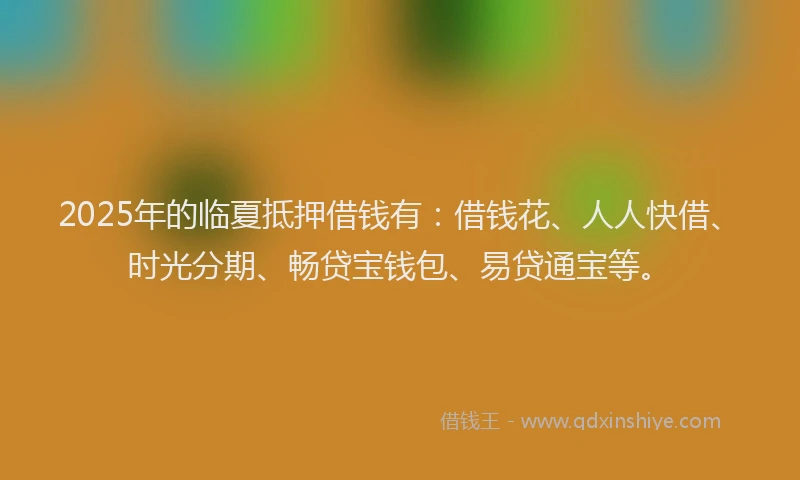 2025年的临夏抵押借钱有：借钱花、人人快借、时光分期、畅贷宝钱包、易贷通宝等。
