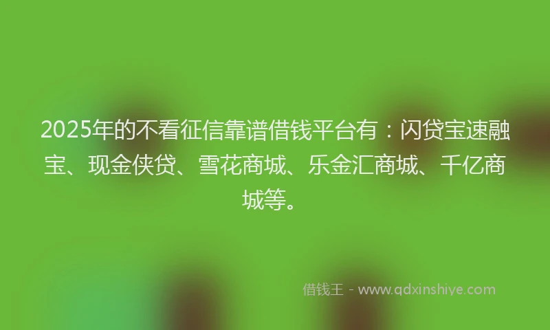 2025年的不看征信靠谱借钱平台有：闪贷宝速融宝、现金侠贷、雪花商城、乐金汇商城、千亿商城等。