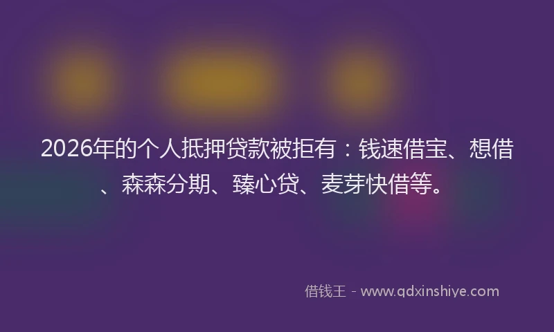 2026年的个人抵押贷款被拒有：钱速借宝、想借、森森分期、臻心贷、麦芽快借等。
