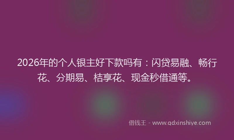 2026年的个人银主好下款吗有：闪贷易融、畅行花、分期易、桔享花、现金秒借通等。