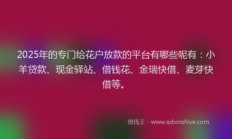2025年的专门给花户放款的平台有哪些呢有:小羊贷款、现金驿站、借钱花、金瑞快借、麦芽快借等。