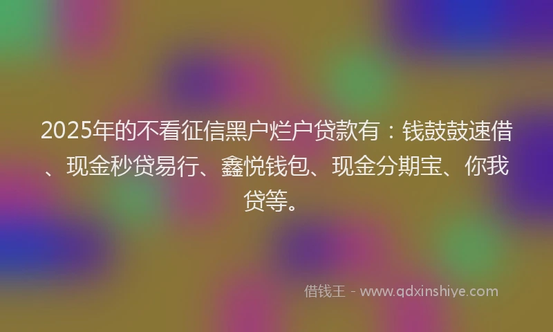 2025年的不看征信黑户烂户贷款有：钱鼓鼓速借、现金秒贷易行、鑫悦钱包、现金分期宝、你我贷等。