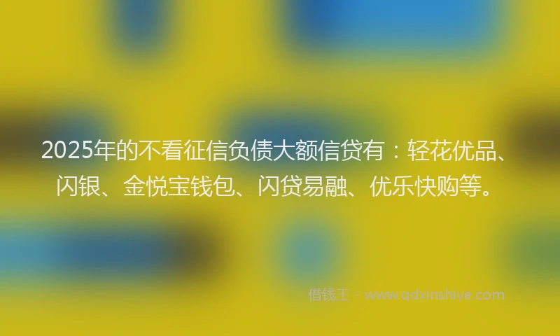 2025年的不看征信负债大额信贷有：轻花优品、闪银、金悦宝钱包、闪贷易融、优乐快购等。