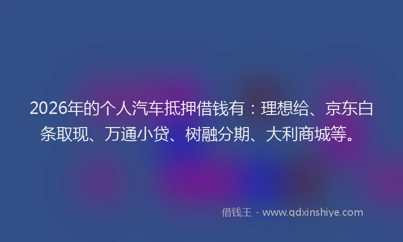 2026年的个人汽车抵押借钱有：理想给、京东白条取现、万通小贷、树融分期、大利商城等。