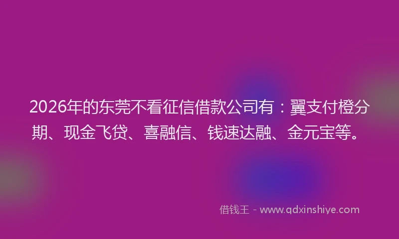 2026年的东莞不看征信借款公司有：翼支付橙分期、现金飞贷、喜融信、钱速达融、金元宝等。