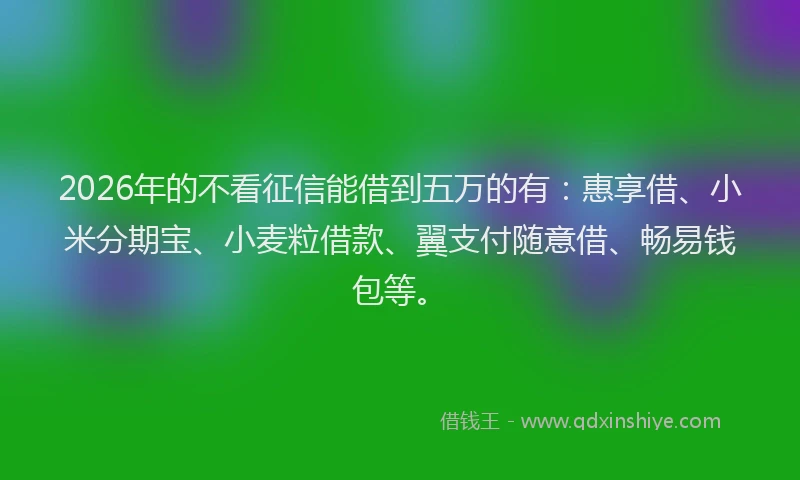 2026年的不看征信能借到五万的有：惠享借、小米分期宝、小麦粒借款、翼支付随意借、畅易钱包等。