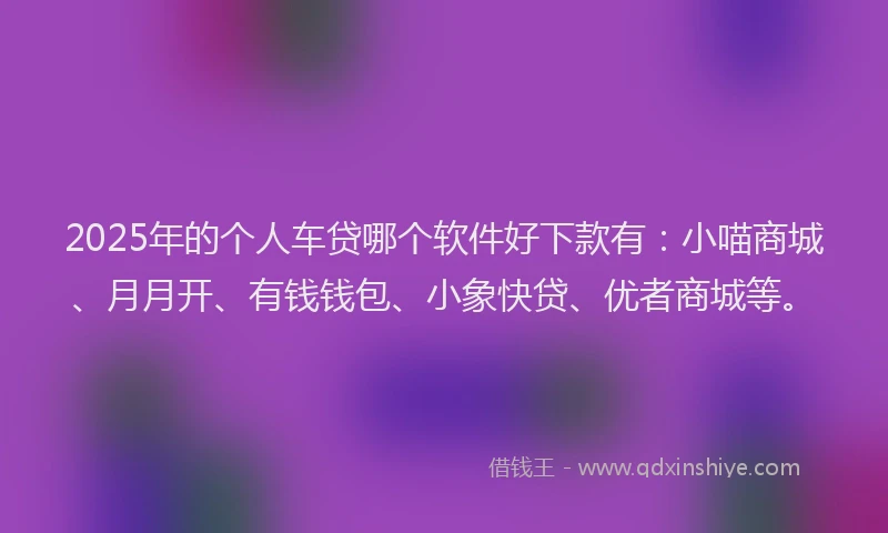 2025年的个人车贷哪个软件好下款有：小喵商城、月月开、有钱钱包、小象快贷、优者商城等。