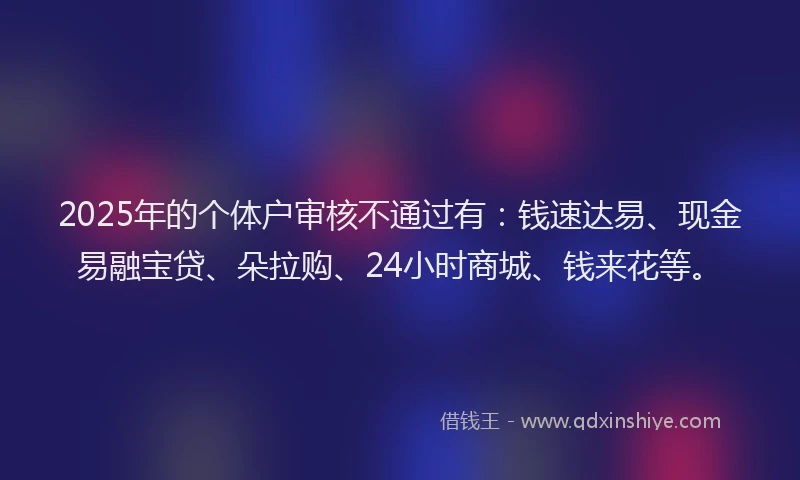2025年的个体户审核不通过有：钱速达易、现金易融宝贷、朵拉购、24小时商城、钱来花等。