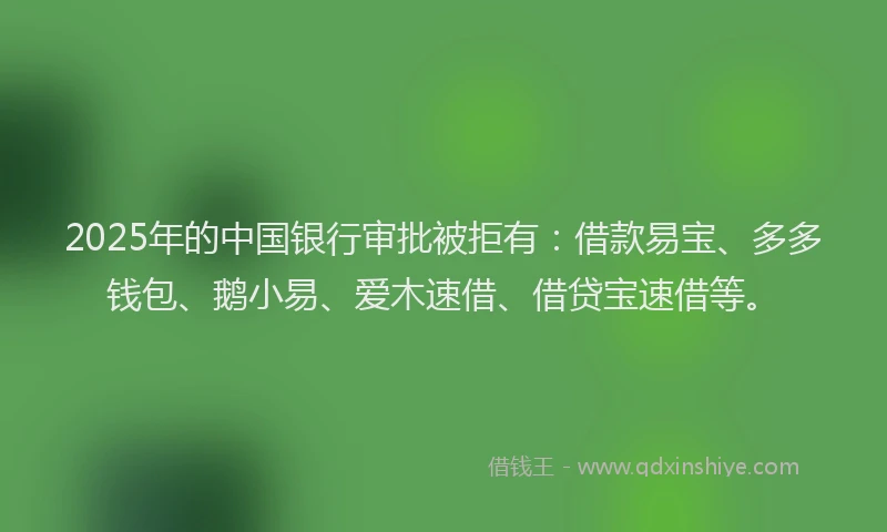 2025年的中国银行审批被拒有：借款易宝、多多钱包、鹅小易、爱木速借、借贷宝速借等。
