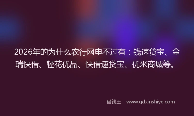 2026年的为什么农行网申不过有：钱速贷宝、金瑞快借、轻花优品、快借速贷宝、优米商城等。