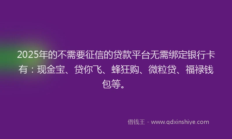 2025年的不需要征信的贷款平台无需绑定银行卡有:现金宝、贷你飞、蜂狂购、微粒贷、福禄钱包等。