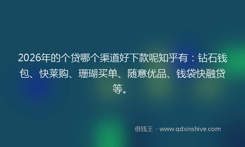 2026年的个贷哪个渠道好下款呢知乎有：钻石钱包、快莱购、珊瑚买单、随意优品、钱袋快融贷等。