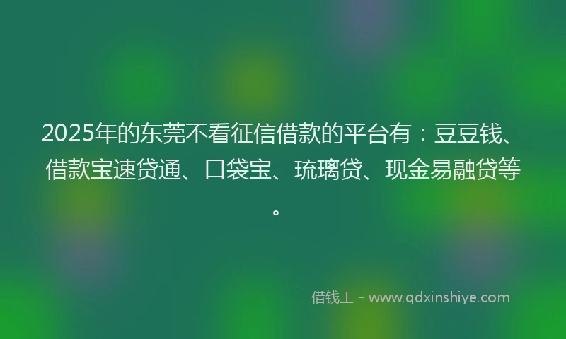 2025年的东莞不看征信借款的平台有：豆豆钱、借款宝速贷通、口袋宝、琉璃贷、现金易融贷等。