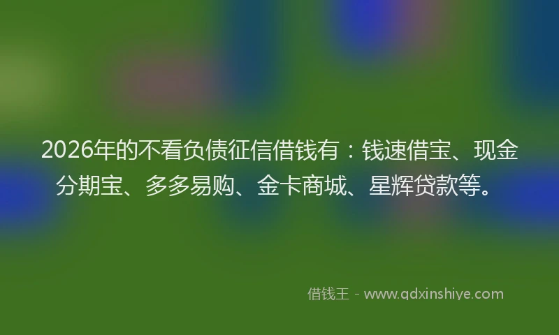 2026年的不看负债征信借钱有：钱速借宝、现金分期宝、多多易购、金卡商城、星辉贷款等。