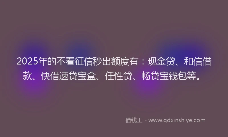 2025年的不看征信秒出额度有：现金贷、和信借款、快借速贷宝盒、任性贷、畅贷宝钱包等。