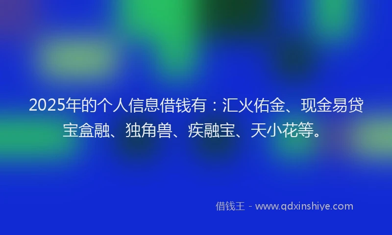 2025年的个人信息借钱有：汇火佑金、现金易贷宝盒融、独角兽、疾融宝、天小花等。