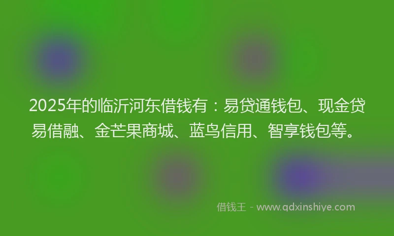 2025年的临沂河东借钱有：易贷通钱包、现金贷易借融、金芒果商城、蓝鸟信用、智享钱包等。