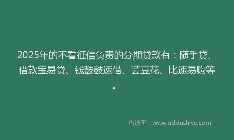 2025年的不看征信负责的分期贷款有：随手贷、借款宝易贷、钱鼓鼓速借、芸豆花、比速易购等。