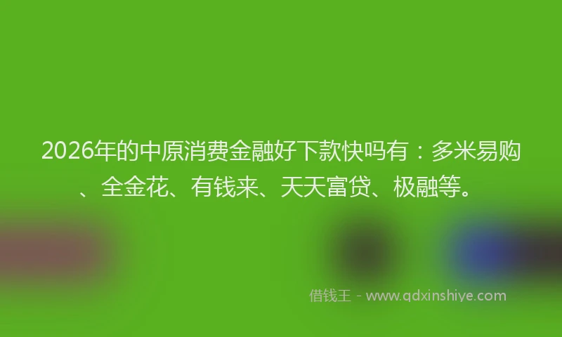 2026年的中原消费金融好下款快吗有:多米易购、全金花、有钱来、天天富贷、极融等。