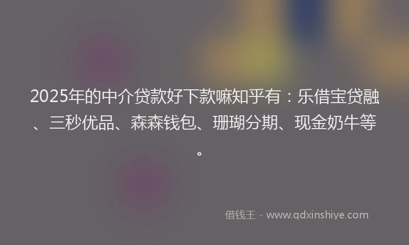 2025年的中介贷款好下款嘛知乎有：乐借宝贷融、三秒优品、森森钱包、珊瑚分期、现金奶牛等。