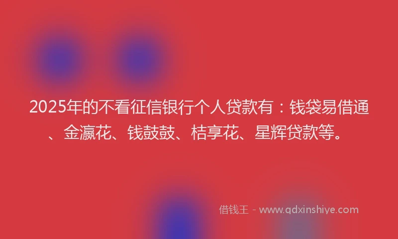 2025年的不看征信银行个人贷款有：钱袋易借通、金瀛花、钱鼓鼓、桔享花、星辉贷款等。