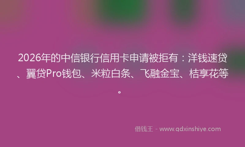 2026年的中信银行信用卡申请被拒有:洋钱速贷、翼贷Pro钱包、米粒白条、飞融金宝、桔享花等。