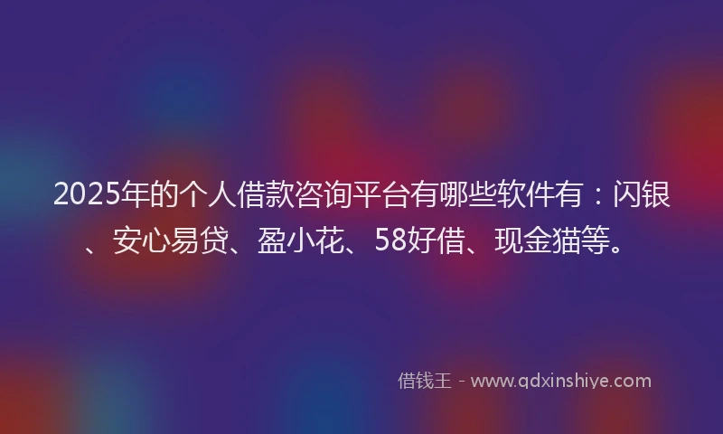2025年的个人借款咨询平台有哪些软件有：闪银、安心易贷、盈小花、58好借、现金猫等。