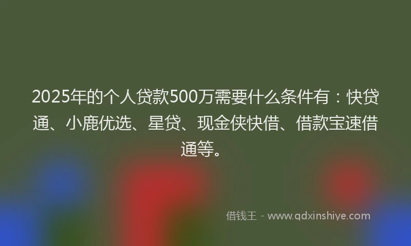 2025年的个人贷款500万需要什么条件有：快贷通、小鹿优选、星贷、现金侠快借、借款宝速借通等。