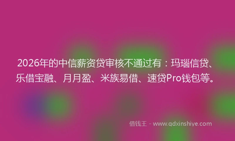 2026年的中信薪资贷审核不通过有：玛瑙信贷、乐借宝融、月月盈、米族易借、速贷Pro钱包等。