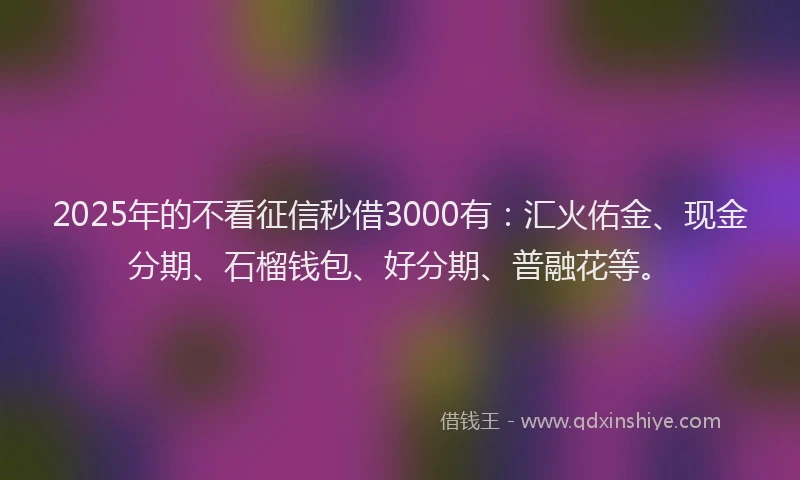 2025年的不看征信秒借3000有:汇火佑金、现金分期、石榴钱包、好分期、普融花等。