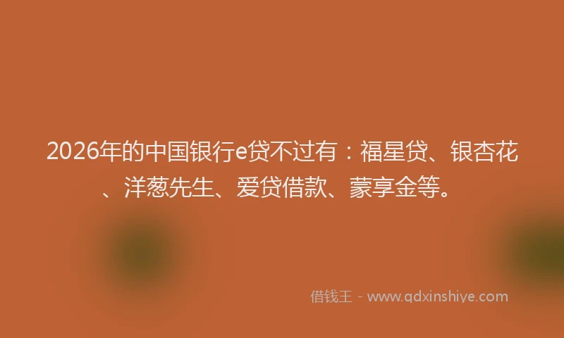 2026年的中国银行e贷不过有：福星贷、银杏花、洋葱先生、爱贷借款、蒙享金等。