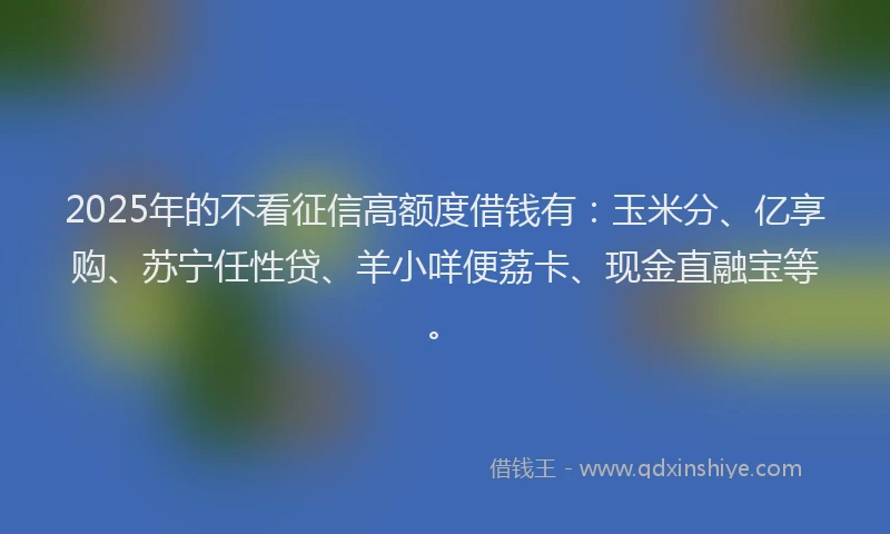 2025年的不看征信高额度借钱有:玉米分、亿享购、苏宁任性贷、羊小咩便荔卡、现金直融宝等。