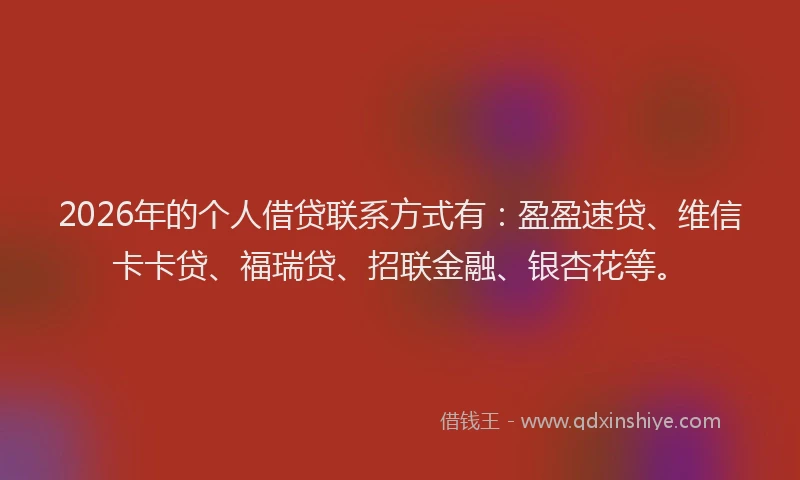 2026年的个人借贷联系方式有：盈盈速贷、维信卡卡贷、福瑞贷、招联金融、银杏花等。